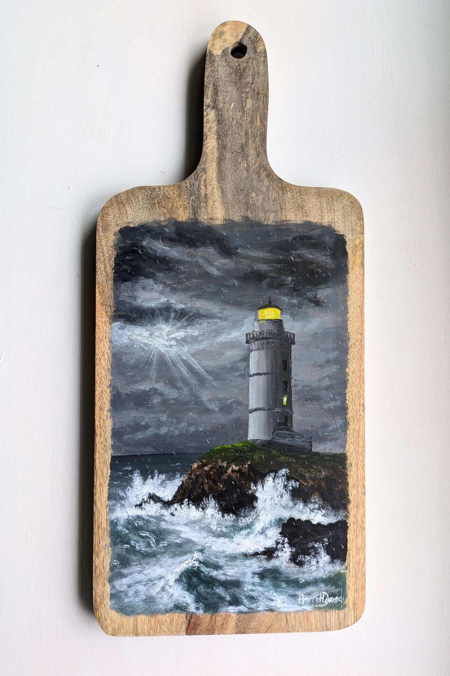 Vuurtoren bij noodweer - Acrylverf op houten plank 30x24