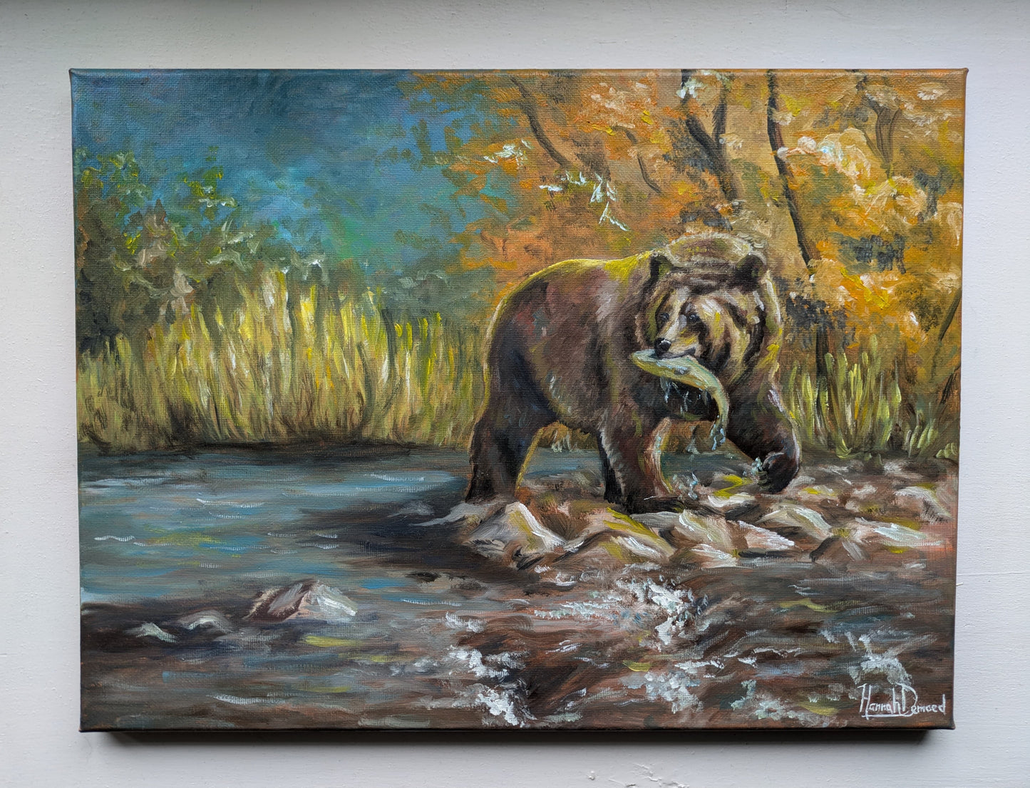 Beer bij de rivier - Olieverfschilderij 24x30